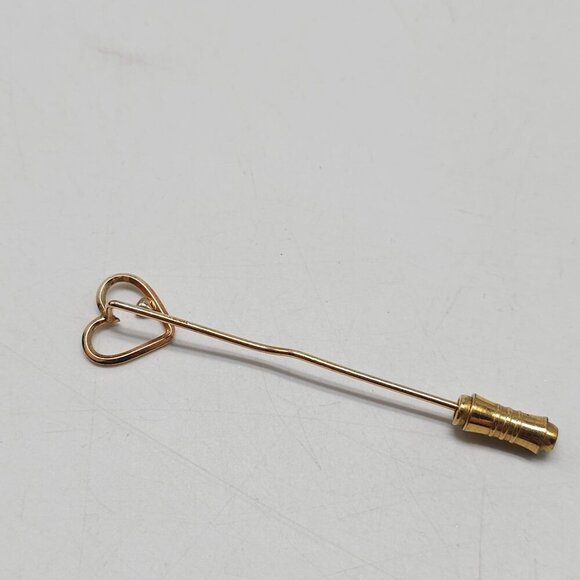 Heart Shaped Gold Tone Stick Pin Brooch With Clear Rhinestone Accent - Picture 3 of 5